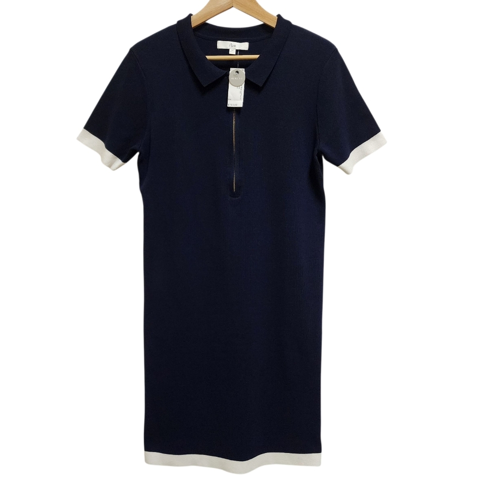 Ripe Maternity Zip Front Polo Dress Sz M Navy Blue White Short Slv Knit Nursing